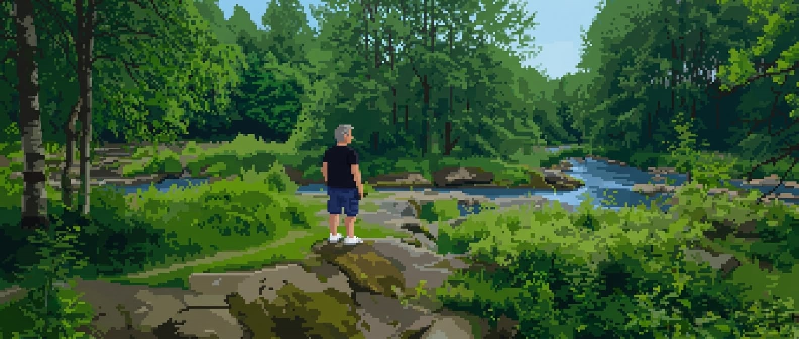 Pixel forest by a river, a man standing on a rock